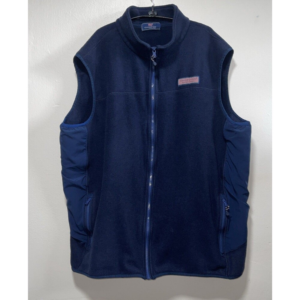 Vineyard Vines Navy Blue Full Zip Fleece Vest Pockets Outdoor- Men's Size 2XLT